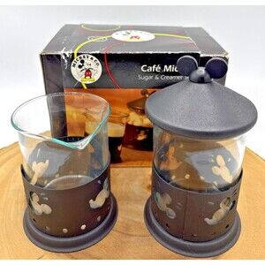 Vintage Disney Cafe’ Mickey Black Metal & Glass Creamer & Sugar Mickey Mouse NEW